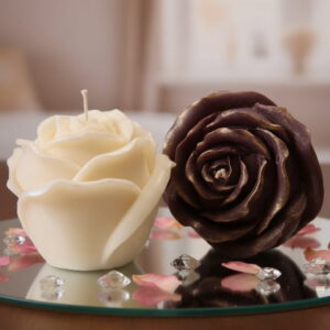 Candela artigianale a forma di Rosa Grande in color Bianco e Bordeaux